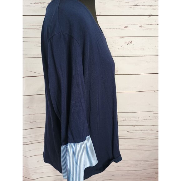 Westbound Womens V-Neck Navy Top With Striped Bell Sleeves 2X - Picture 2 of 7